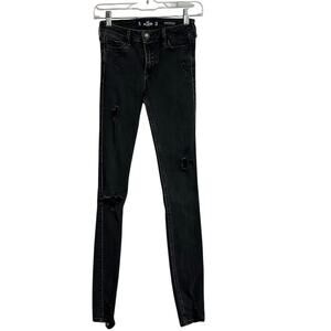 Hollister Mid-Rise Super Skinny Distressed Black Wash Jeans 0L LONG (24x32)
